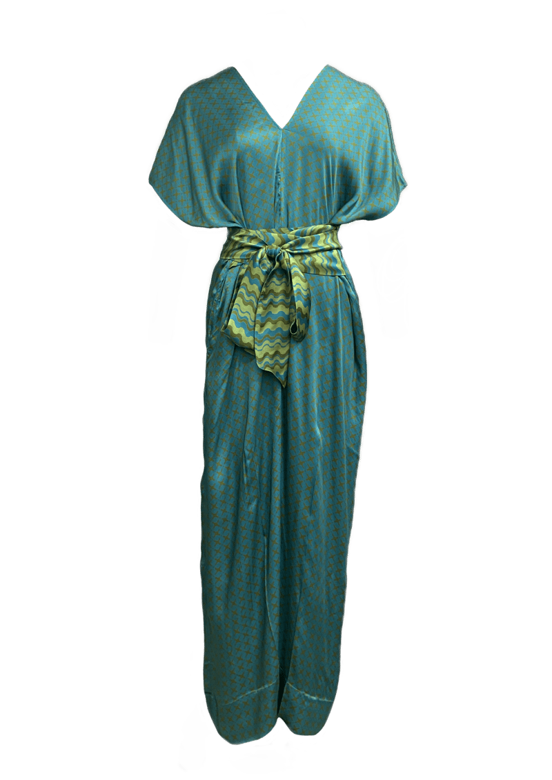 Teal Geometric Print Wide-Leg Maxi Jumpsuit with Tie Belt