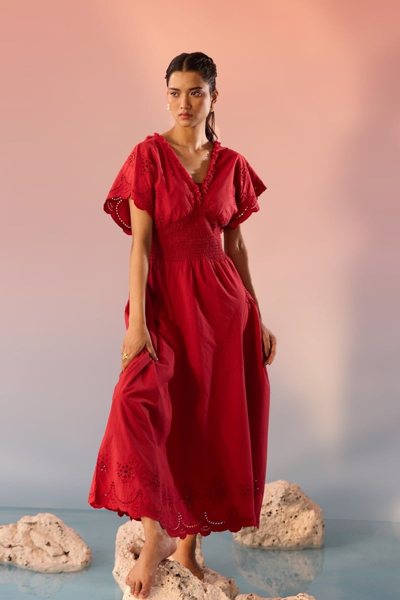 Red Cotton Schiffli V-Neck Smocked Waist Maxi Dress
