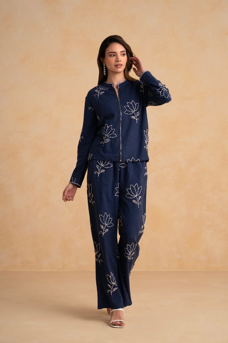 Dark Blue Embroidered Zip-Up Jacket and Pant Co-ord Set