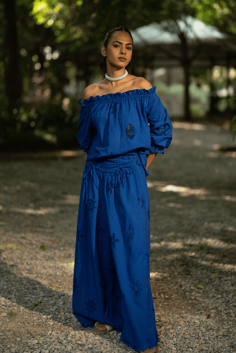 Blue Off-Shoulder Cotton Slub Schiffli Blouse Top