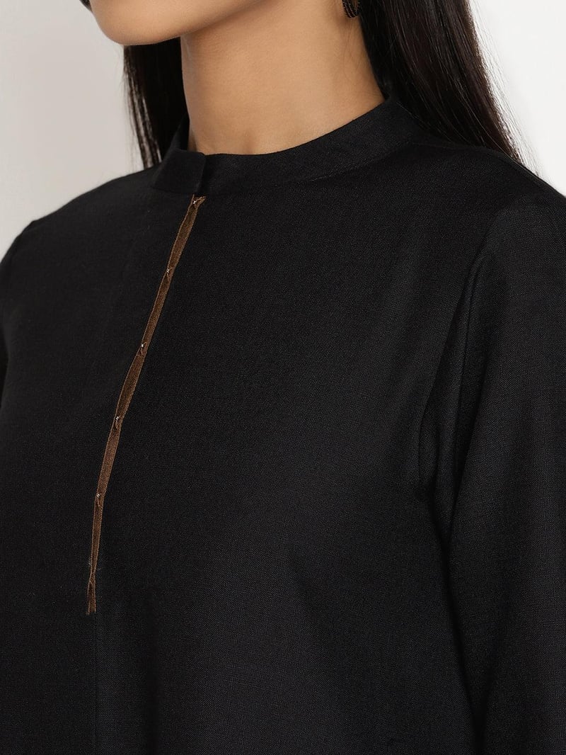 Black Cotton Linen Flared Kurta Pant Set