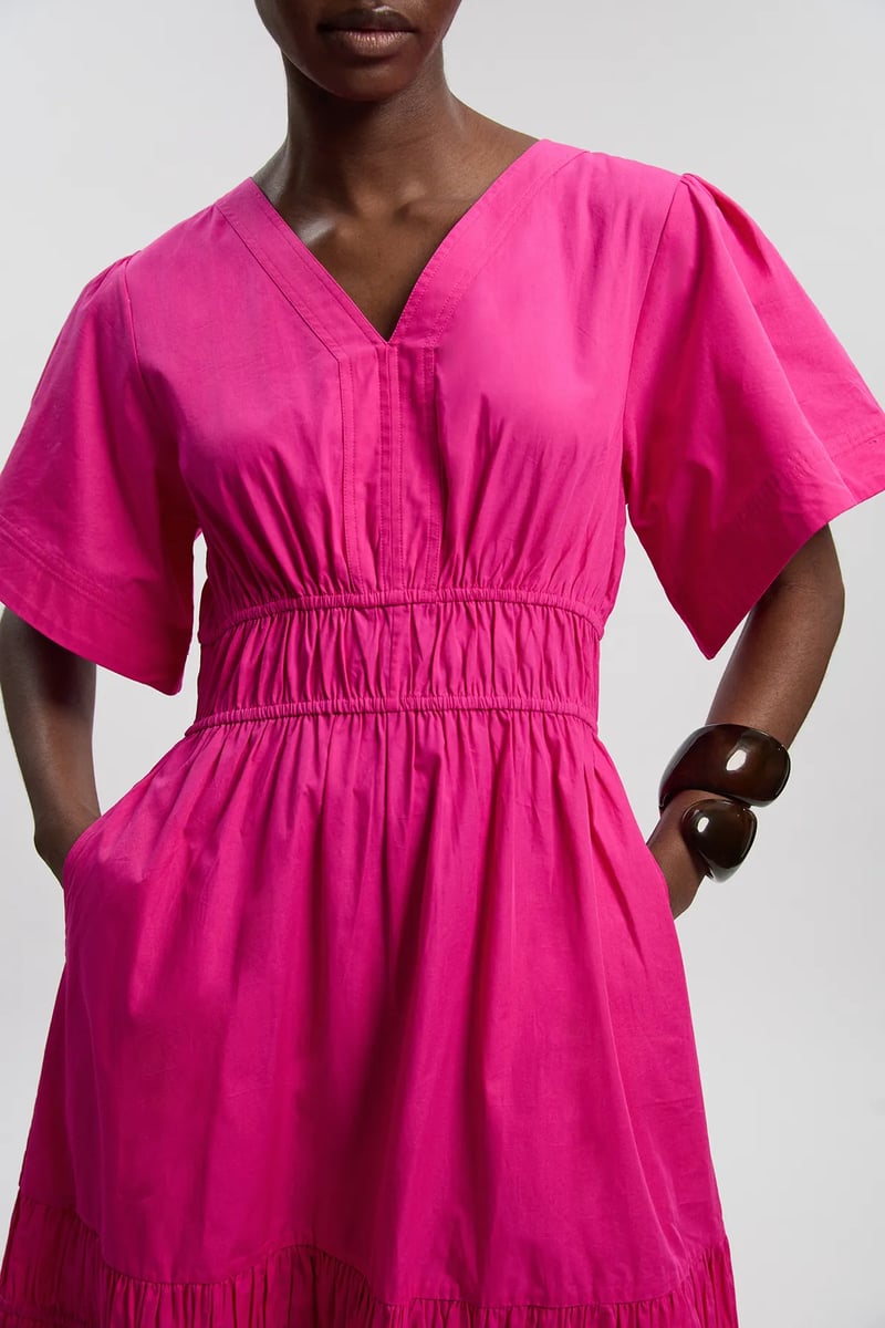Hot Pink Tiered Maxi Dress with V-Neck