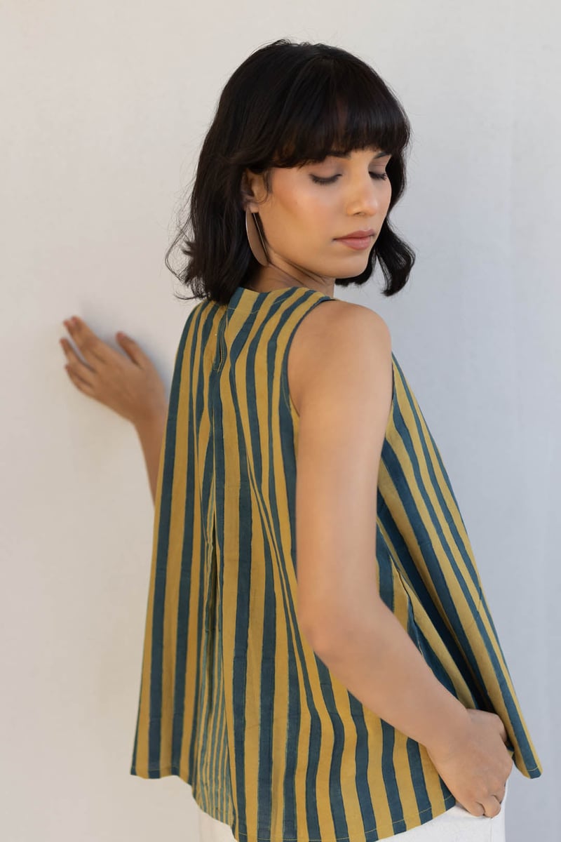 Mustard and Teal Striped Sleeveless V-Neck Cotton Top