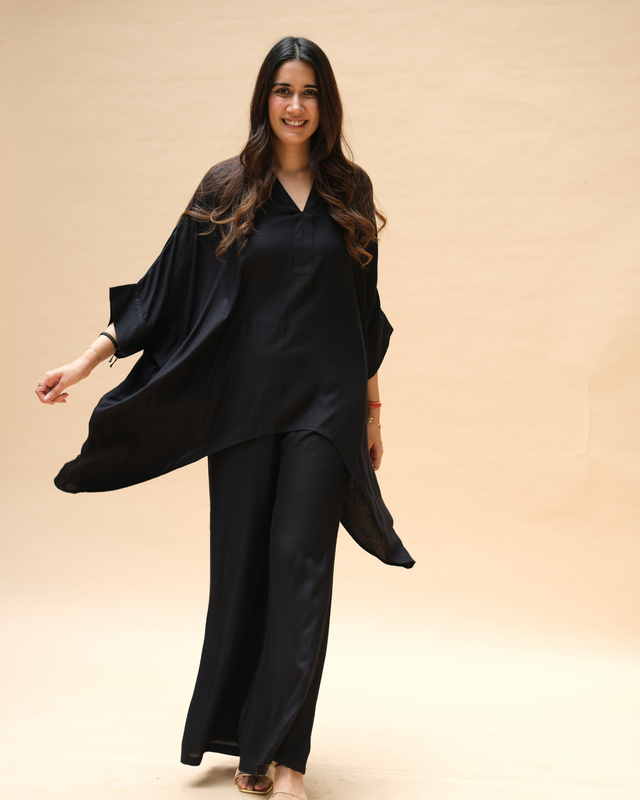 Black Kaftan Top and Wide-Leg Pants Co-ord Set