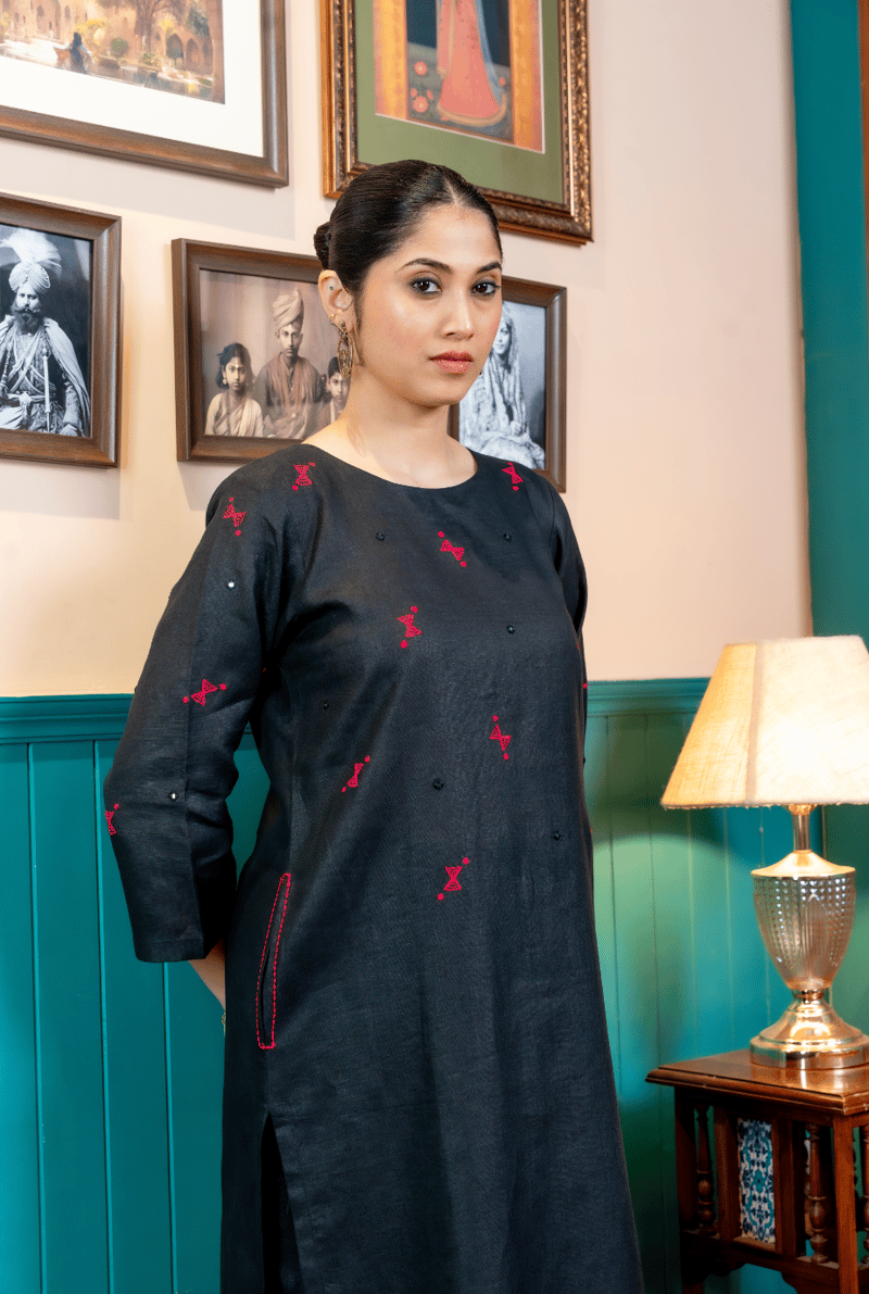 Black Linen Straight Kurta Set with Contrast Embroidery