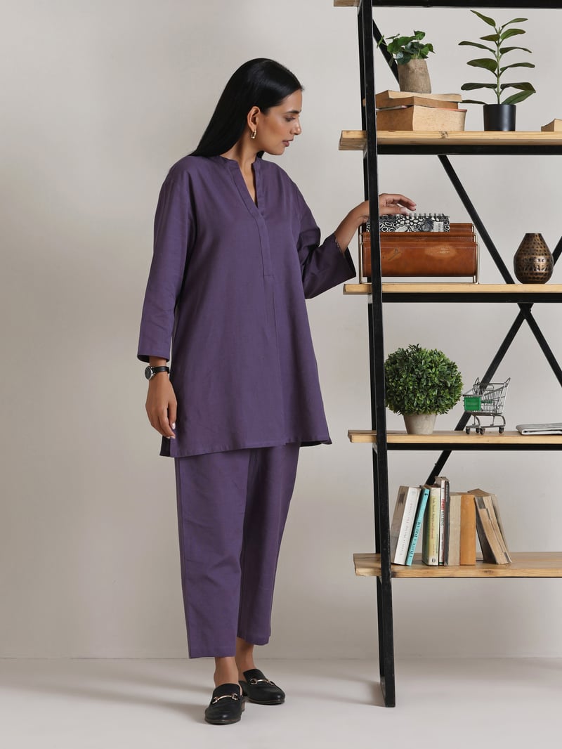 Plum Purple Relaxed Fit Co-ord Set with Straight Pants