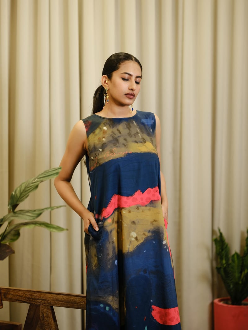 Blue Abstract Printed Cotton Satin Midi Shift Dress
