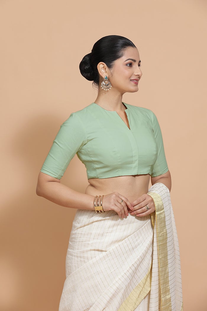 Light Sage Cotton Saree Blouse with Elbow Sleeves