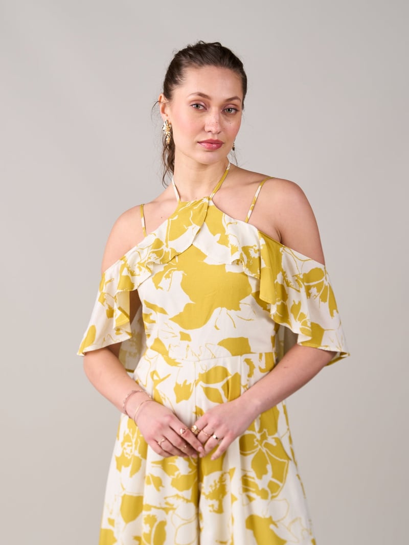 Yellow Floral Halter Neck Cold-Shoulder Wide-Leg Jumpsuit