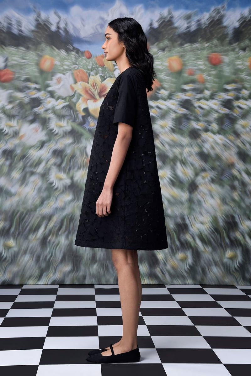 Black Cutwork Applique Shift Dress