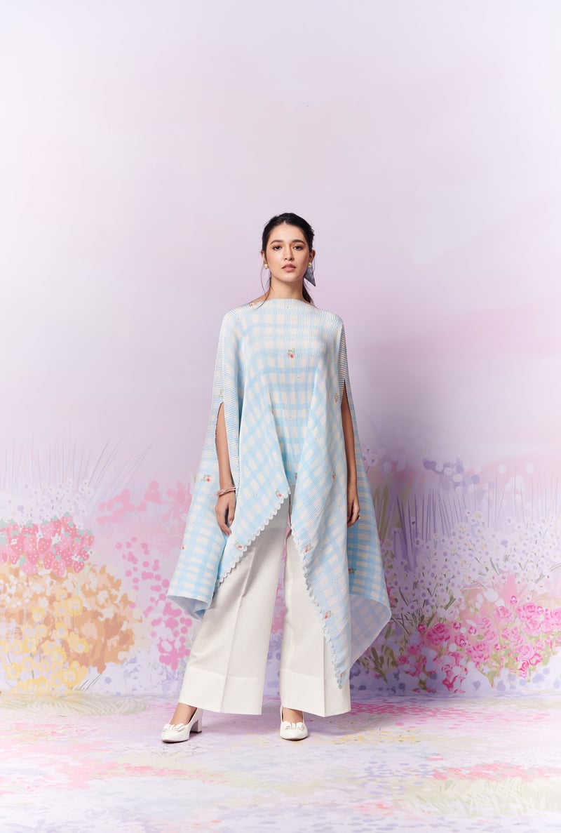 Blue/White Gingham Pleated Cape Overlay