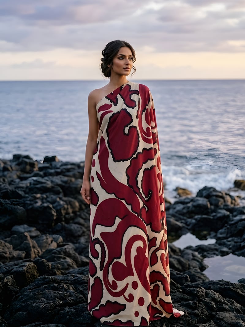 Maroon Abstract Print One-Shoulder Maxi Kaftan Dress