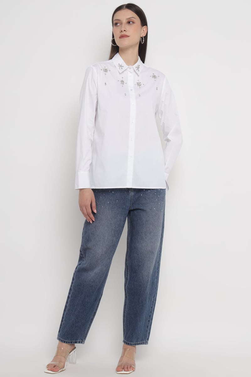 White Embellished Button-Down Cotton Shirt