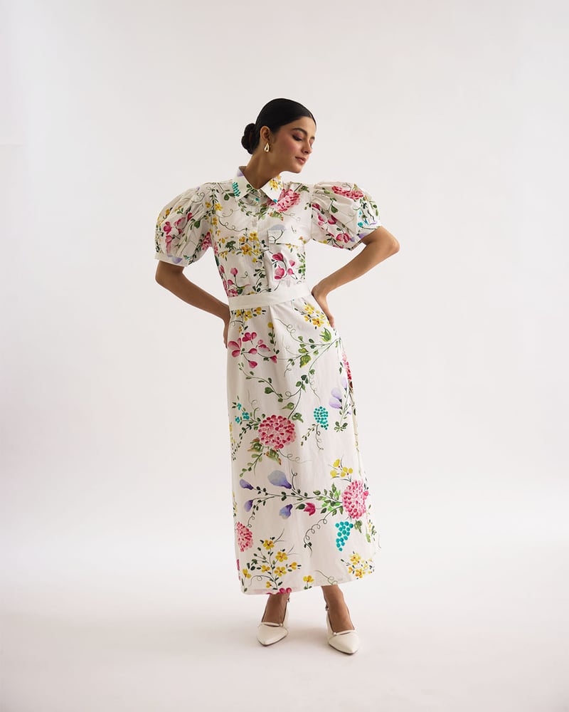 White Floral Printed Poplin Shirt Midi Dress with Belt