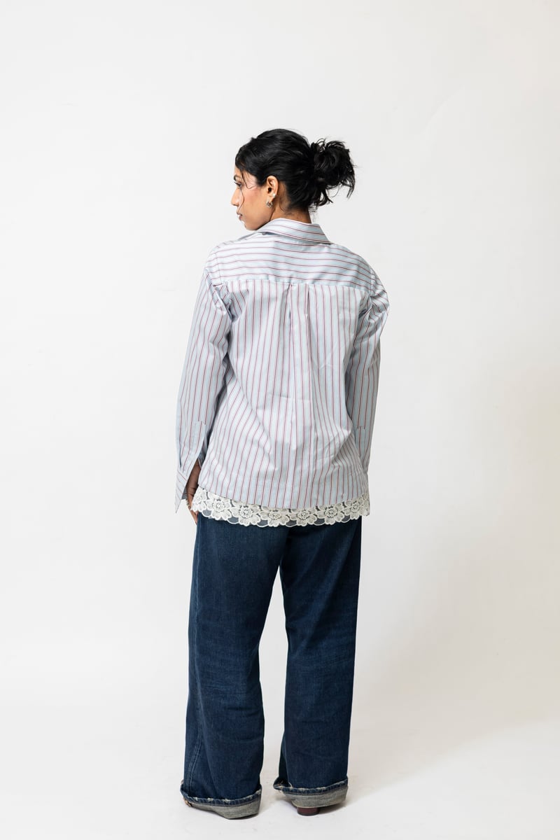 Blue Red Striped Shirt with Detachable Lace Hem