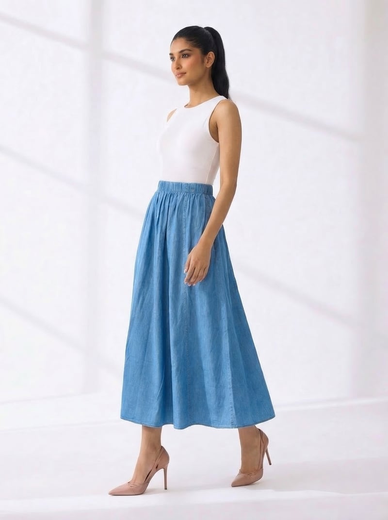 Blue Cotton A-Line Midi Skirt with Elasticated Waist