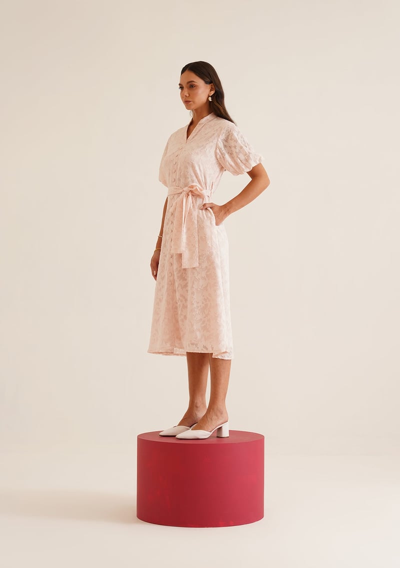 Baby Pink Textured Button-Front Midi Dress with Belt