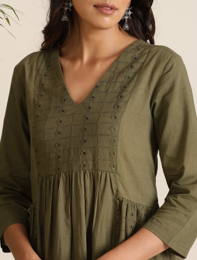 Olive Cotton Cutwork Embroidered Kurta Set