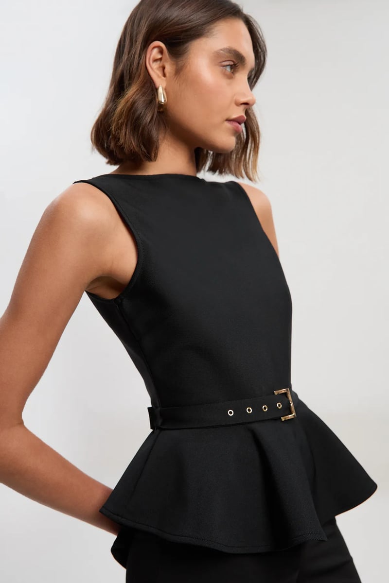 Black Sleeveless Peplum Top with Belt