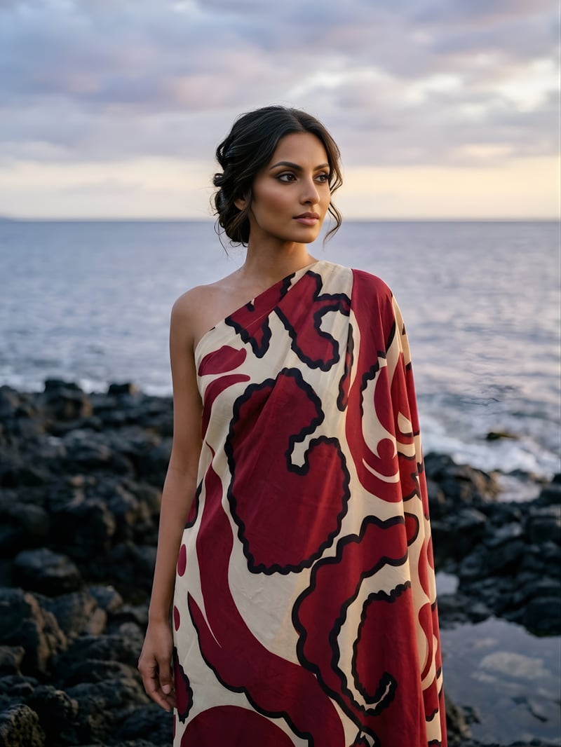 Maroon Abstract Print One-Shoulder Maxi Kaftan Dress