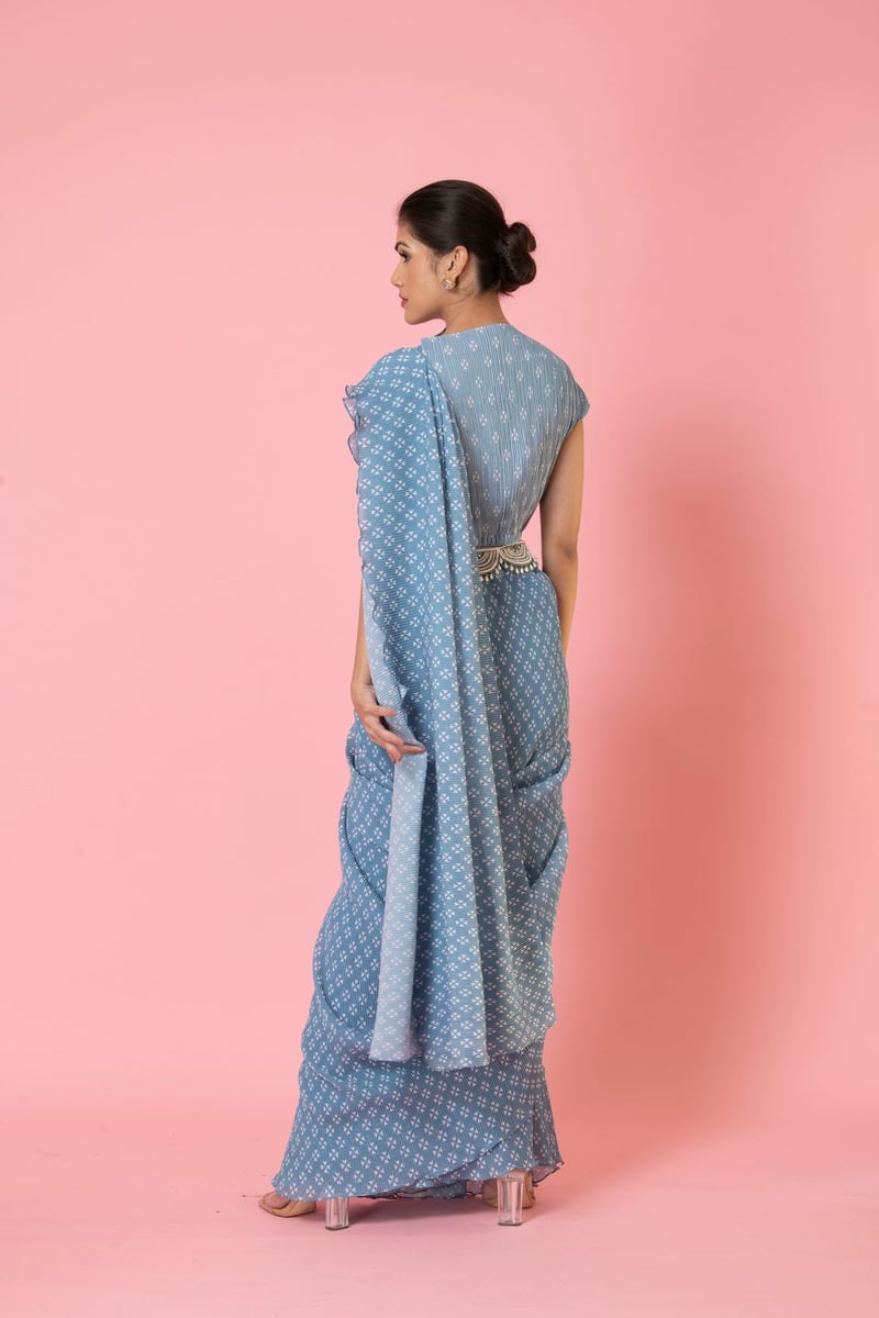 Blue Geometric Print Pre-Draped Georgette Saree Set