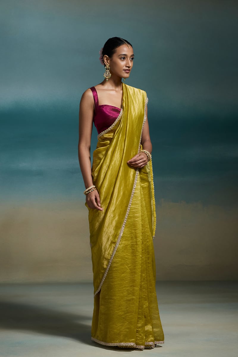 Green Chanderi Saree with Gold Zari Stripes and Sequin Border