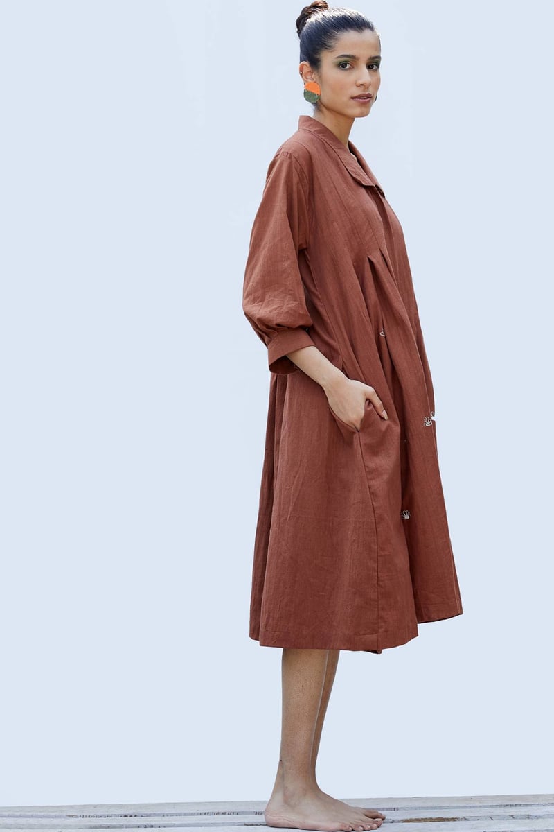 Cinnamon Khadi Pleated Midi Shirt Dress