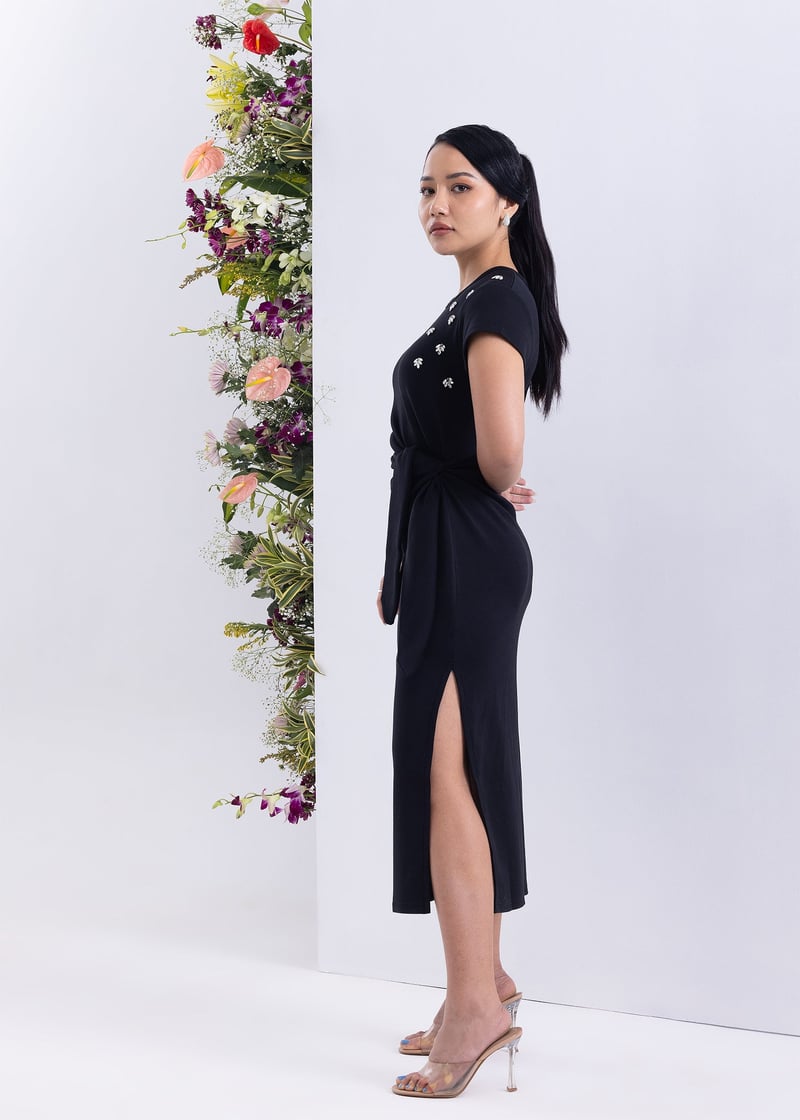 Black Maxi Drape-Knot Dress with Rhinestone Neck Detail