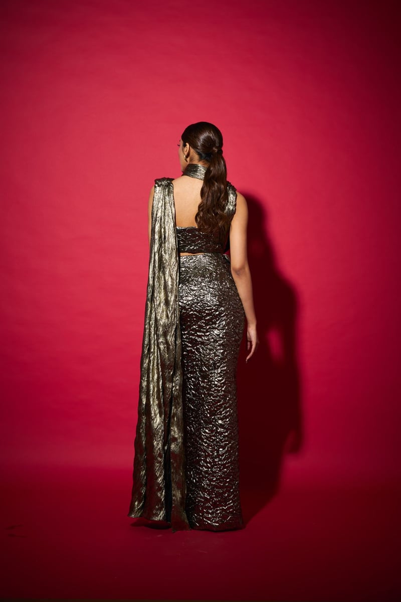 Metallic Gold Saree-Drape Maxi Gown Dress