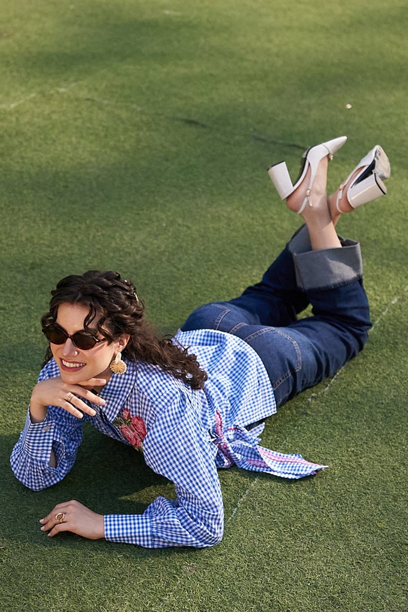 Blue Checked Cotton Shirt with Cross-Stitch Floral Motif