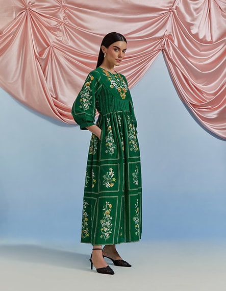 Forest Green Floral Maxi Dress with Embroidered Yoke