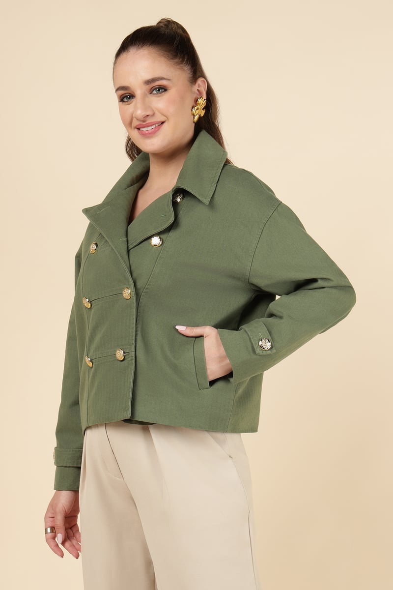 Green Double-Breasted Tailored Jacket with Gold Buttons
