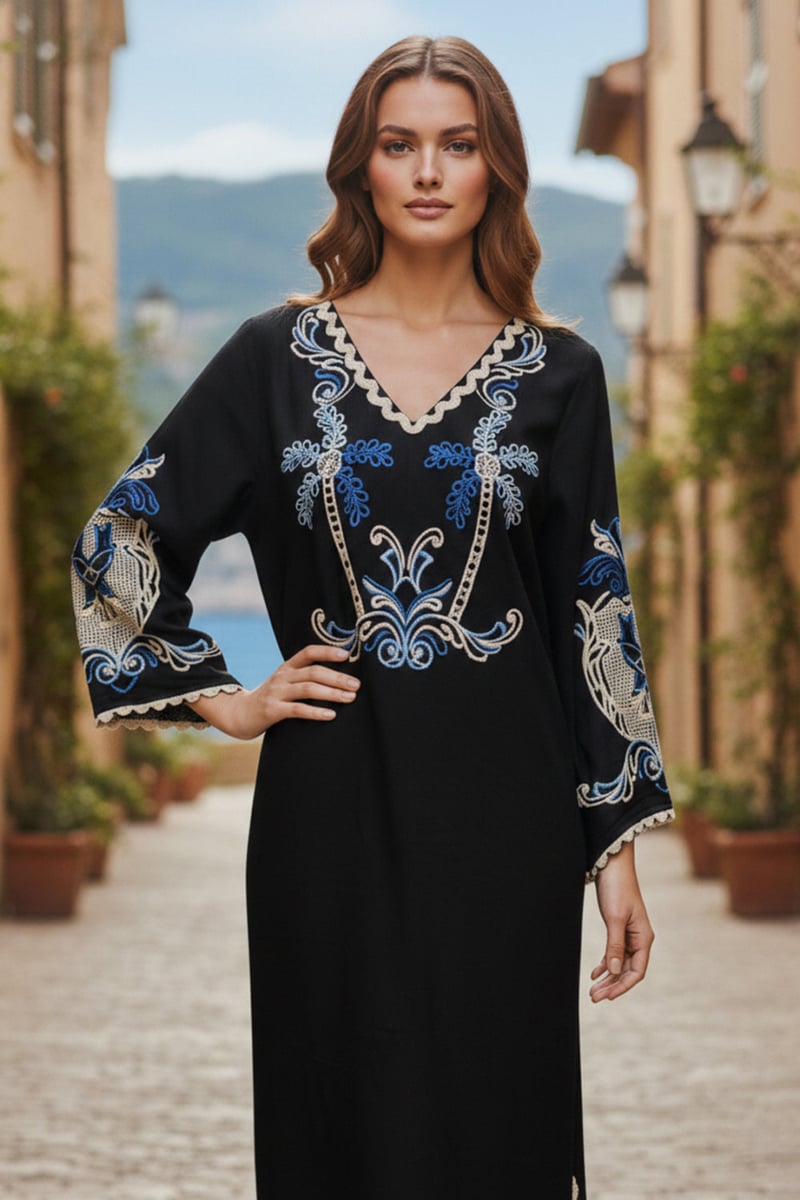 Black Linen Embroidered V-Neck Kaftan