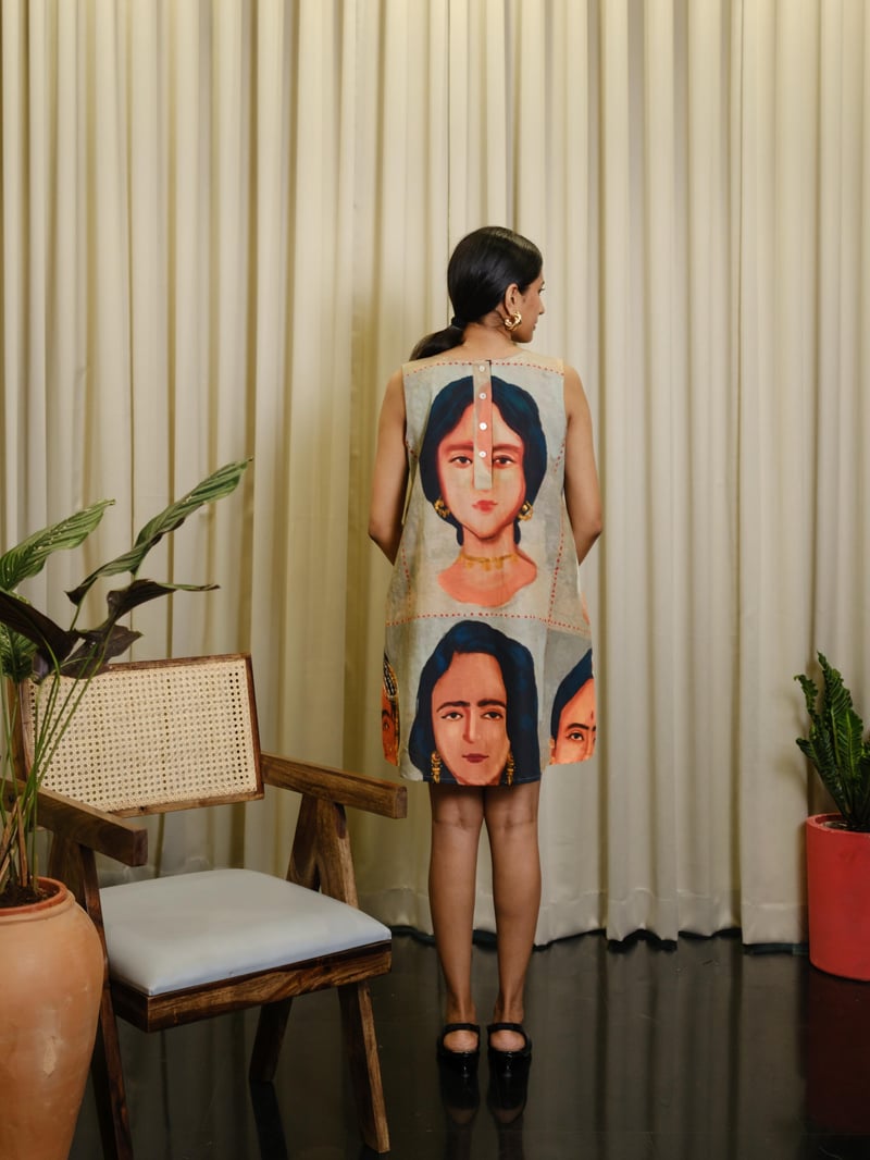 Multicolor Linen-Cotton Graphic Print Shift Mini Dress