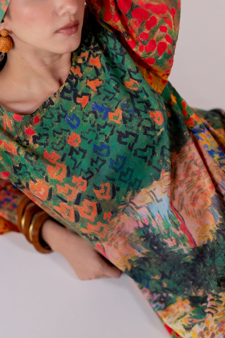 Multicolor Scenic Print Cambric Cotton Kurta Set