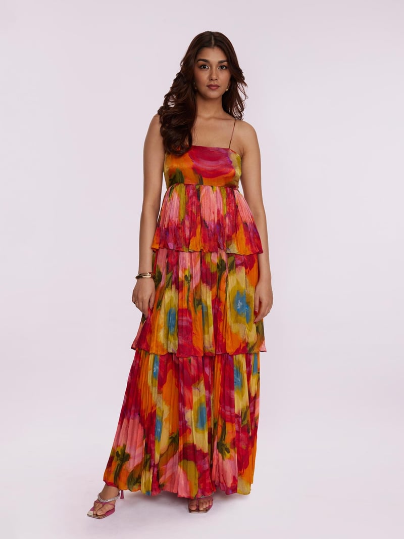 Multicolor Abstract Print Tiered Ruffle Maxi Dress
