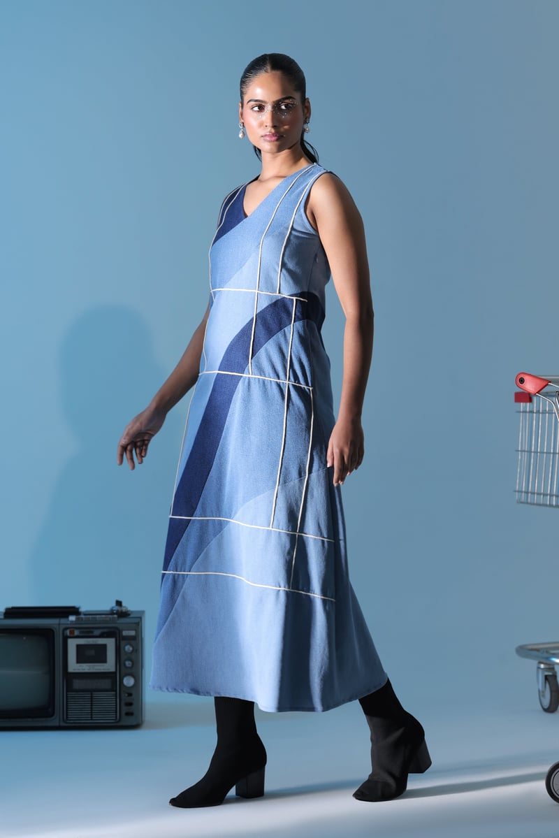 Blue Panelled Denim A-Line Midi Dress