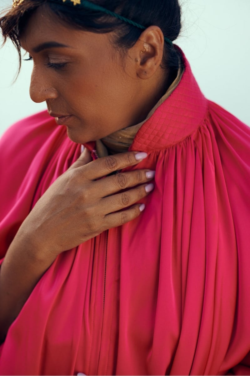 Fuchsia Pink Flowy Satin High-Neck Draped Top