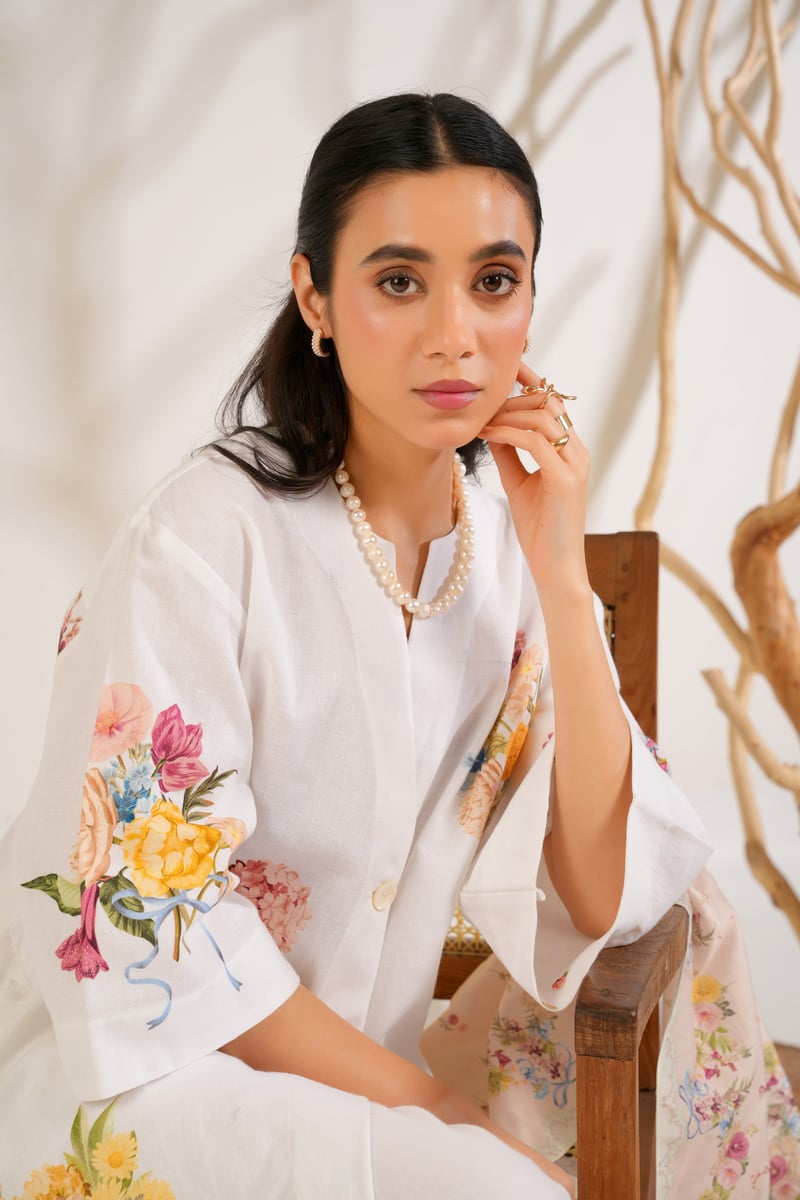 White Floral Printed Kurta Shirt and Trouser Set
