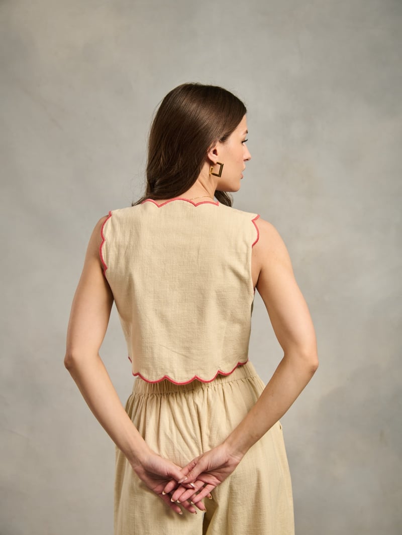 Cream Embroidered Tie-Up Crop Top