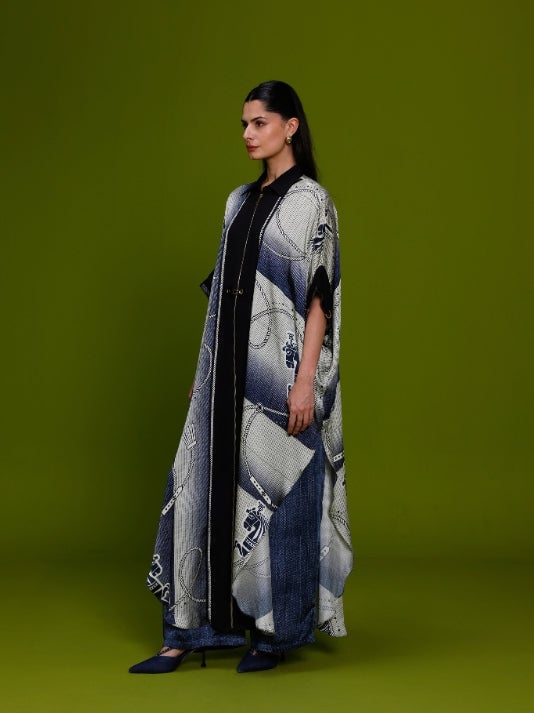 Ivory/Denim Graphic Kaftan and Wide-Leg Pant Co-ord Set