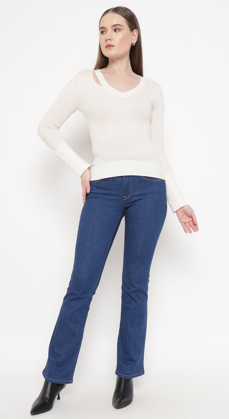 Light Beige V-Neck Slim Fit Sweater with Shoulder Cut-Out