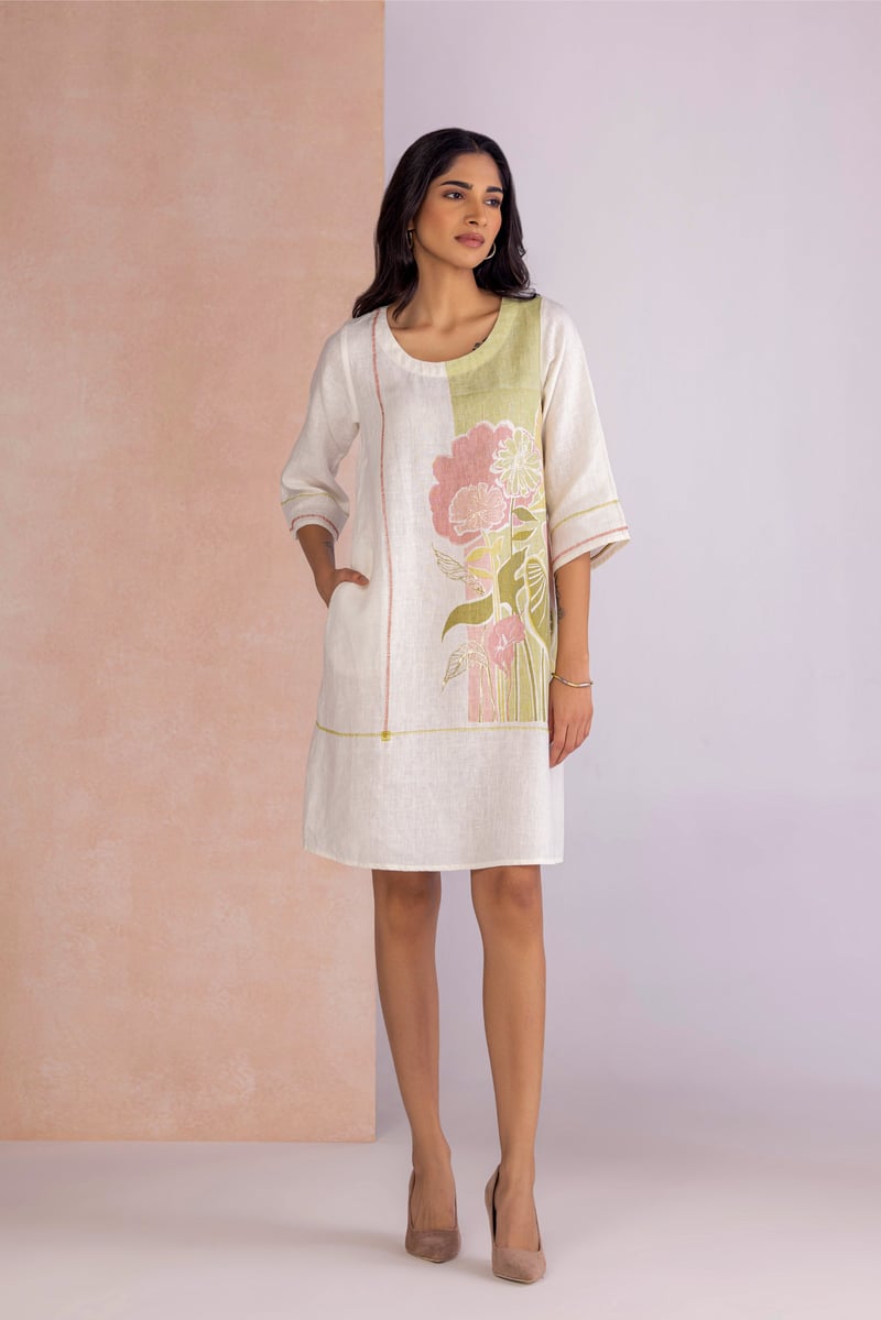 Off White Linen-Blend Printed Shift Knee-Length Dress