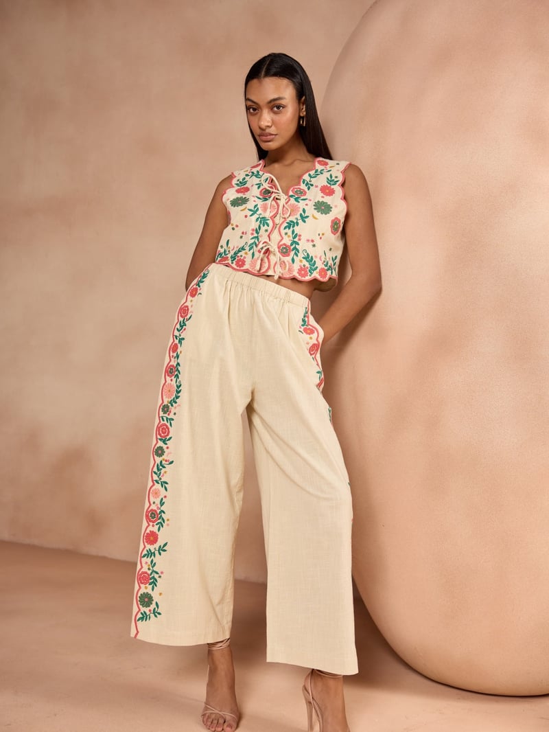 Cream Embroidered Tie-Up Crop Top