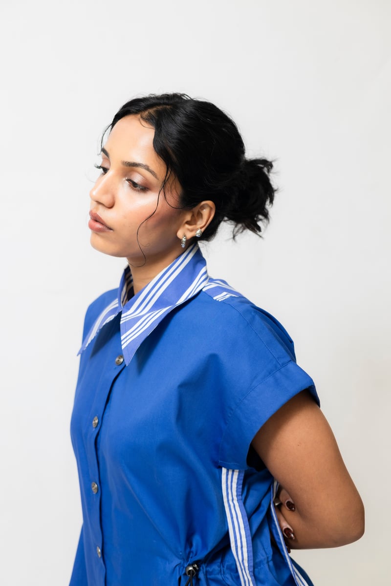 Blue Cotton Mini Shirt Dress with Adjustable Cinch Waist