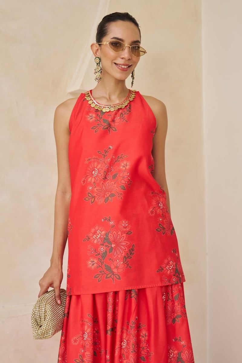 Red Chanderi Floral Lehenga Set With Embellished Neckline