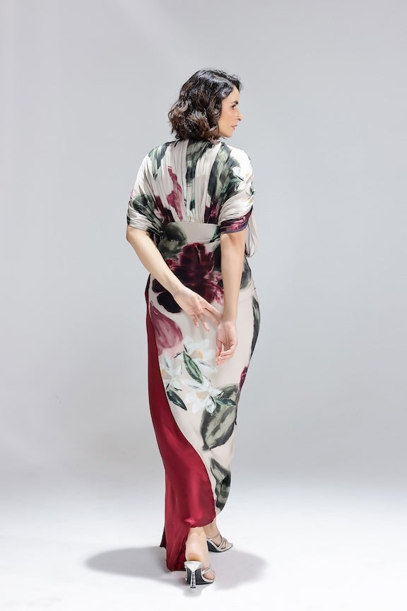Beige Floral Draped Maxi Gown with Contrast Panel