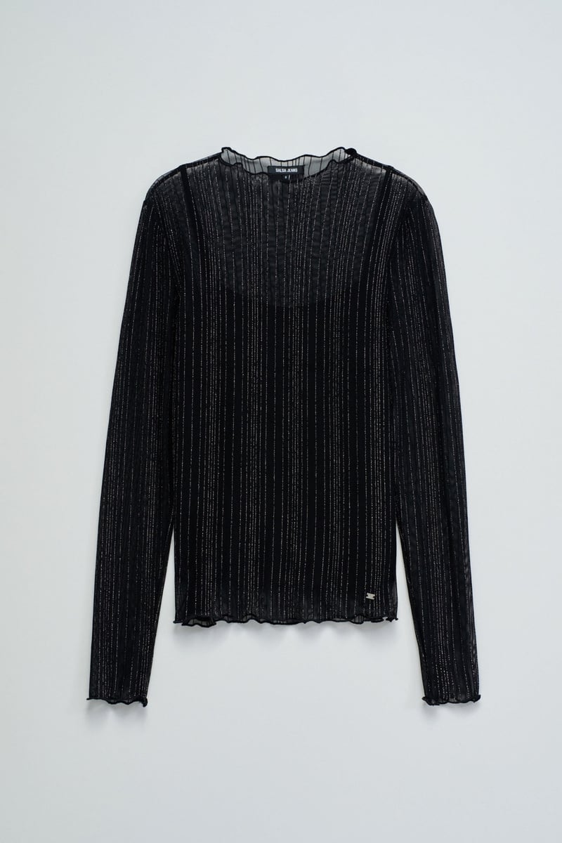 Black Shimmer Mesh Round Neck Full Sleeve Top