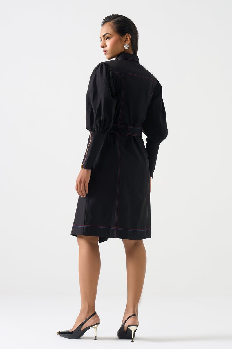 Black Embellished Shirt Dress with Belt