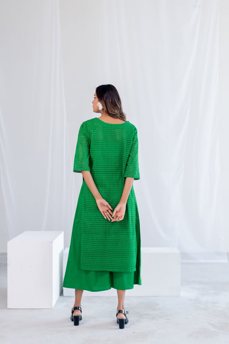 Emerald Green Schiffli Cutwork Kurta Set with Pants